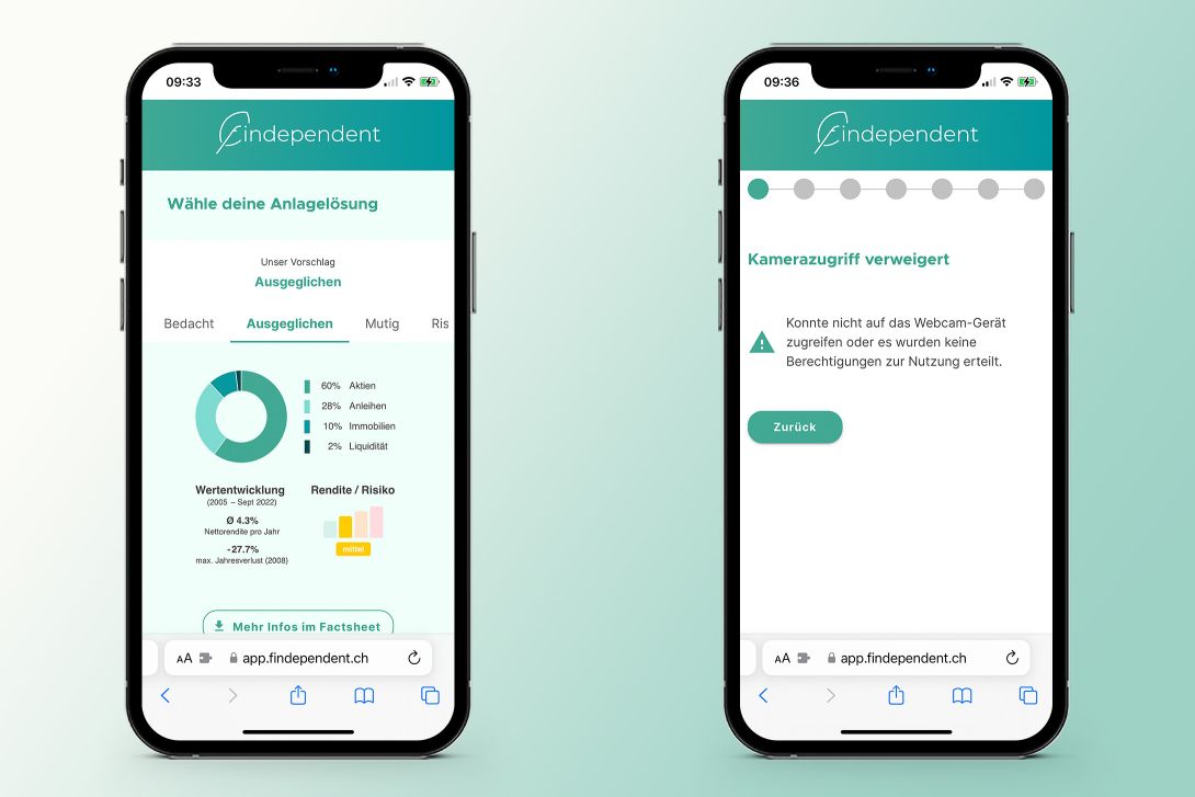 Screenshots aus dem Onboarding: Links die Wahl der Anlagelösung. Rechts, wo der Kamerazugriff auf iOS 16 streikte.