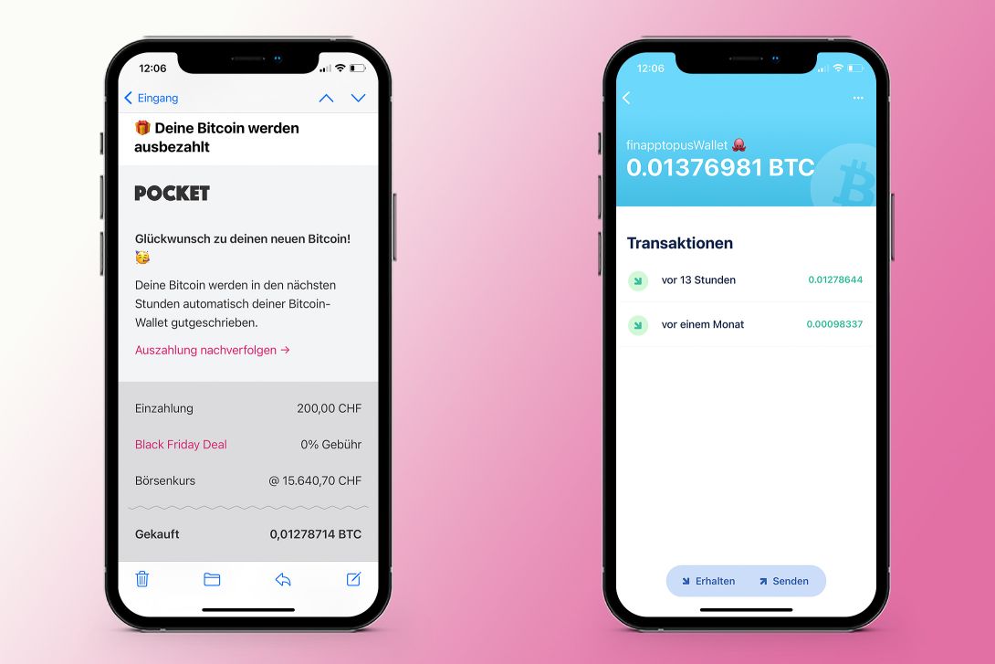 Links: Bestätigung der Einzahlung per Mail. Rechts: Bitcoin ist in der Wallet angekommen