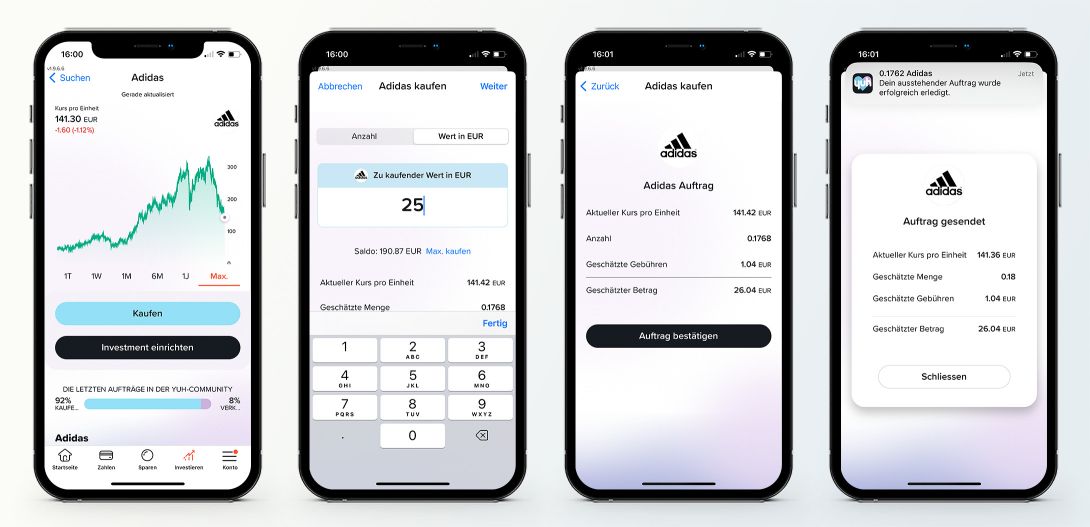 Mit «Fractional Trading» gibt es für 25 Euro (zzgl. Gebühren) 0.1762 Adidas Aktien.