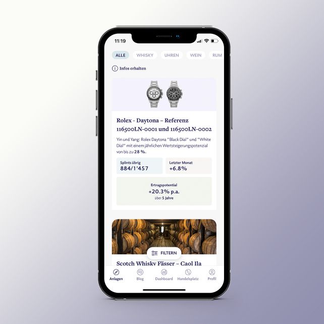 Zu jeder Anlage wird auf dem Startscreen die noch verfügbaren Splints, die Wertentwicklung im letzten Monat und das Ertragspotential aufgeführt.